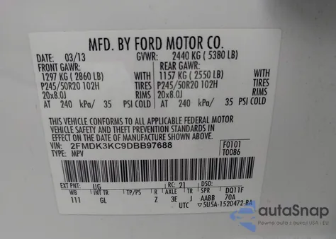 2013 Ford Edge Limited z USA, uszkodzony, nr VIN 2FMDK3KC9DBB97688